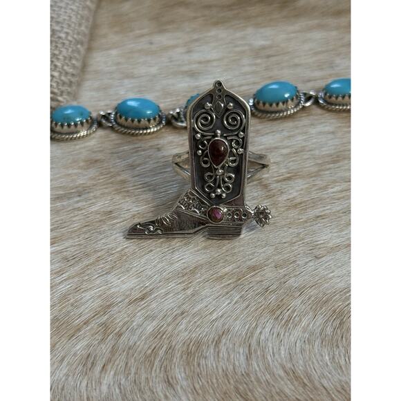 Native American SW Sterling Red Rose Pink Dahlia Western Cowboy Barbie Boot Ring - Picture 2 of 12